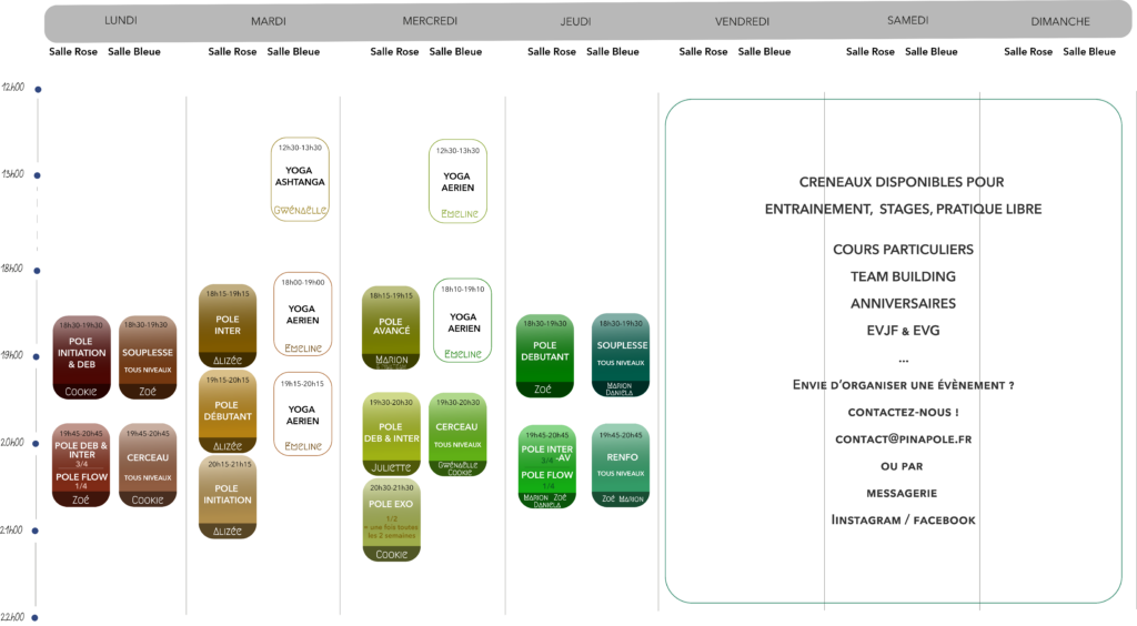 planning 2025 2026 de l'école Pinapole d'arts aériens à Grenoble
