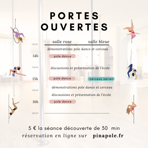 PORTES OUVERTES !! Pinapole vous accueille le samedi 7 septembre de 13h30 à 16h30 pour vous présenter l'école et les professeures, les cours et l'ambiance ! Des séances découverte de pole dance et de cerceau sont organisées. Inscription en ligne : www.pinapole.fr/planning-et-reservation/ Démonstrations de pole dance et de cerceau tout au long des portes ouvertes. A très bientôt !